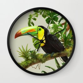 Toucans and Bromeliads (Canvas Background) Wall Clock | Tucan, Lush, Digital, Jungle, Tropical, Vintage, Animal, Tucano, Nature, Illustration 