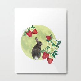 June Strawberry Moon - Bunny Rabbit Metal Print | Watercolor, Strawberry, Sagittarius, Redberries, Straberries, Strawberryflowers, Digitaldesign, Rabbit, Bunny, Graphicdesign 