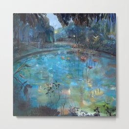 Reflection Pool, Blue Twilight floral landscape painting by Verónica Domínguez Sánchez Metal Print