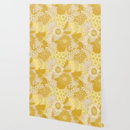 Yellow, Ivory & Brown Retro Floral Pattern Wallpaper