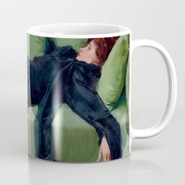Decadent Young Woman After the Dance Vintage Illustration by Roman Casas 1899 Moss Green Navy Color Coffee Mug