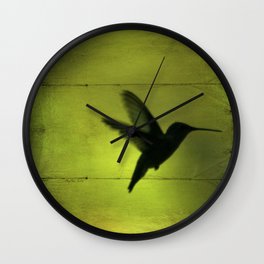 Neon Green Hummingbird behind the Blinds by CheyAnne Sexton Wall Clock