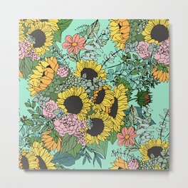 Trendy yellow sunflowers and pink roses mint design Metal Print