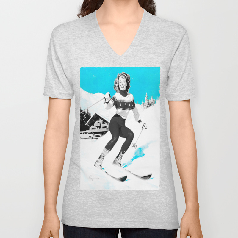 Snow Bunny Pin Up Girl Turquoise Unisex V Neck By Purelove Society6