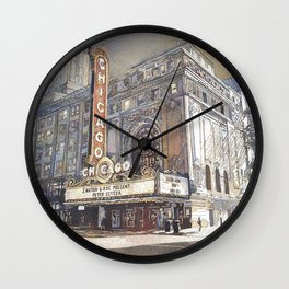 Chicago Theatre painting in downtown Chicago at sunset.  Fine art watercolor painting of Chicago The Wall Clock