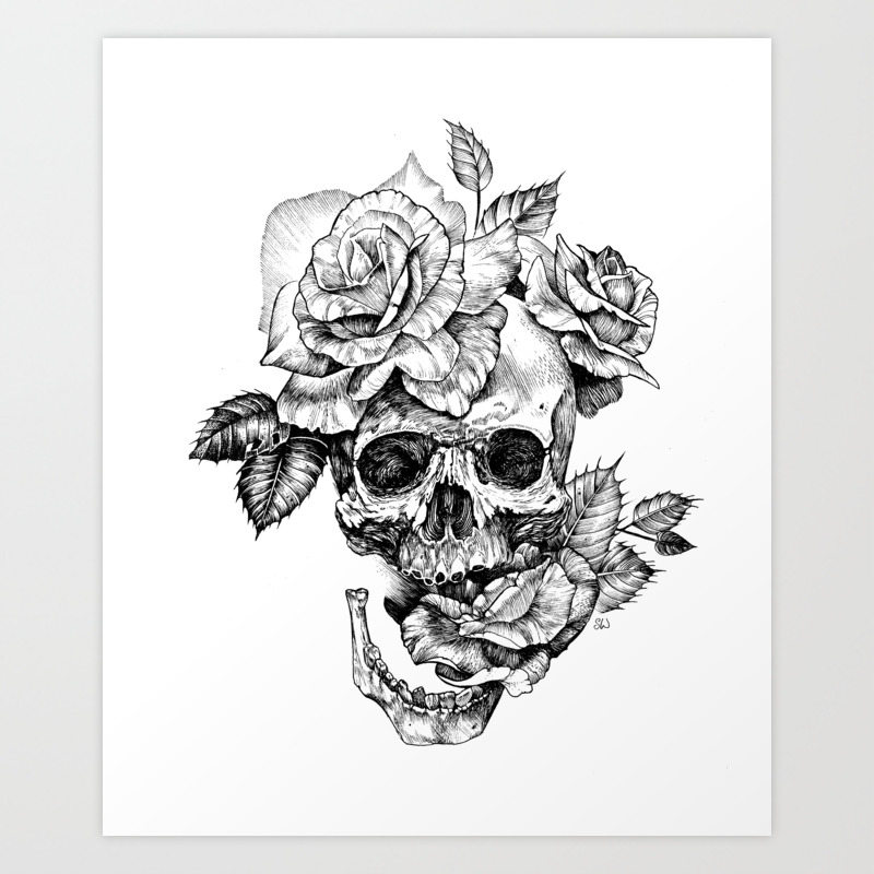 Black And White Skull With Roses Pen Drawing Art Print By Sarachnid Society6