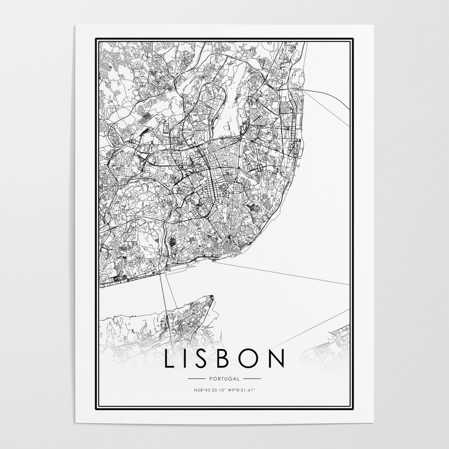 Lisbon City Map Portugal White And Black Poster By 23maps Society6
