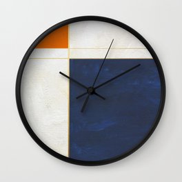 Orange, Blue And White With Golden Lines Abstract Painting Wall Clock