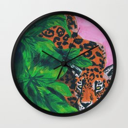 Jungle cat Wall Clock | Boho, Pink, Femmenine, Minimalist, Illustration, Curated, Green, Animal, Midcentury, Graphic 