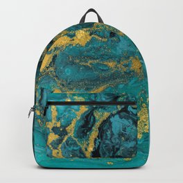 Abstract Pour Painting Liquid Marble Black Blue Teal Painting Gold Accent Backpack