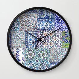 Collage of Iznik ceramics in blue, red and teal pattern | Travel photography from Istanbul | Wall Clock
