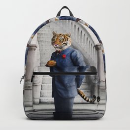 Tobias Tiger in the Entry Hall Backpack | Apparel, Flower, Antique, Gift Guide Ideas, Cat, Staircase, Clock, Framed Prints, Unique, Digital 