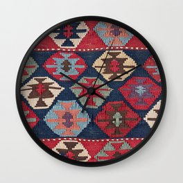Red Band Diamond Kilim // 19th Century Colorful Brown Cream Peach Navy Blue Ornate Accent Pattern Wall Clock