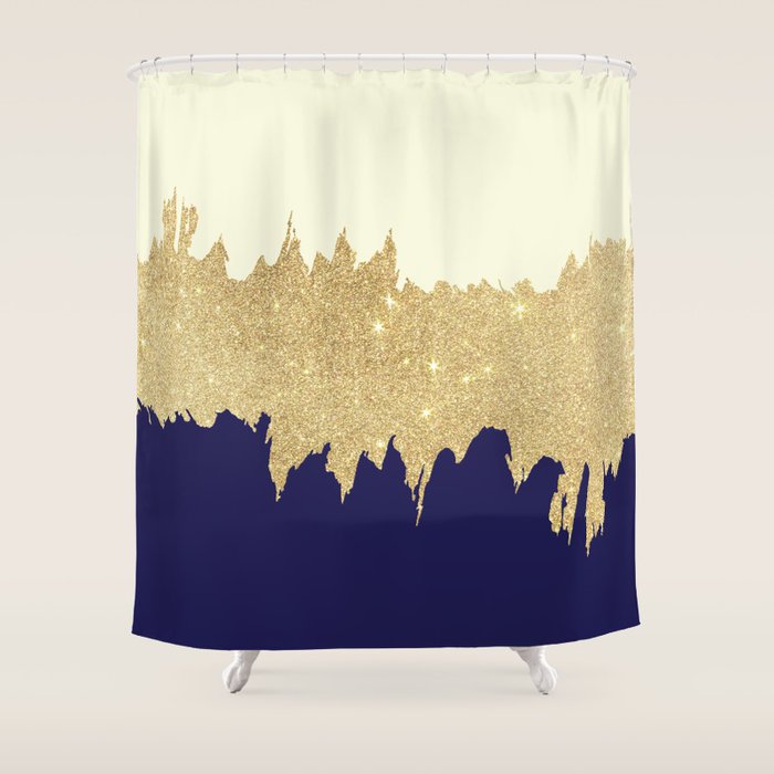 Navy Blue Ivory Faux Gold Glitter Brushstrokes Shower Curtain By Pink Water Society6