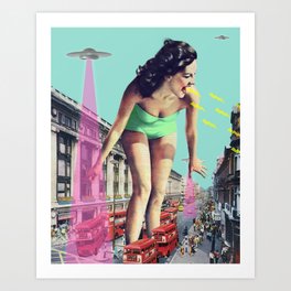 Rush Hour Madness Art Print | Extraterrestrial, Ufo, London, Alien, Retro, Sci-Fi, Scifi, Uk, Girl Power, Collage 
