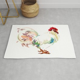 White Rooster Rug | Roosterdecor, Roosterlover, Frenchcountry, Vintagestyle, Bird, Watercolor, Modernrooster, Farm, Roostergift, Home 