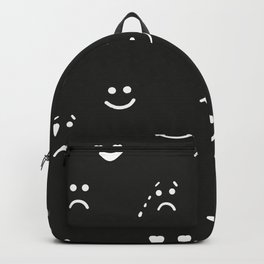 Sad face, happy face, smiley face, eyes heart face, crying face repeated black and white pattern Backpack