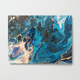 Midnight Blue + Molten Gold Abstract Fluid Marble Painting Metal Print
