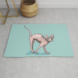 Playful Sphynx Cat Arching Its Back - Wrinkly Nude Kitty - Robins Egg Blue Background Rug