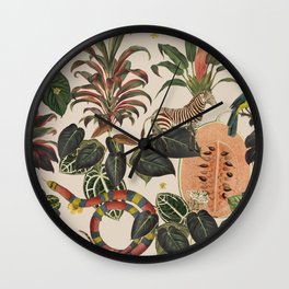 Jungla Crema Wall Clock | Forest, Monkey, Collage, Fruits, Jungle, Curated, Snake, Bird, Colourful, Leaf 