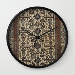 East Caucasus Old Century Authentic Colorful Brown Beige Teal Vintage Rug Pattern Wall Clock